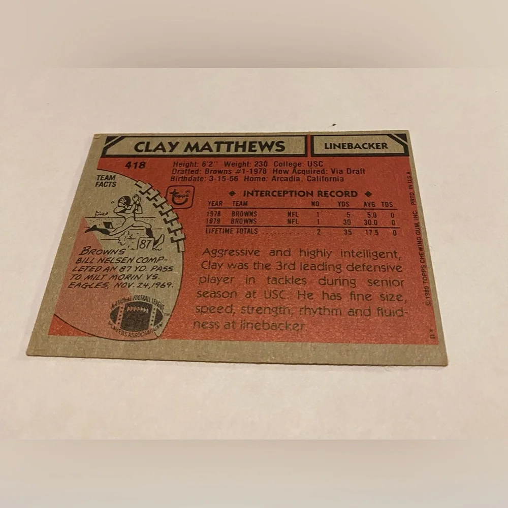 Clay Matthews RC Rookie 1980 Topps Football Card Vintage Collectible